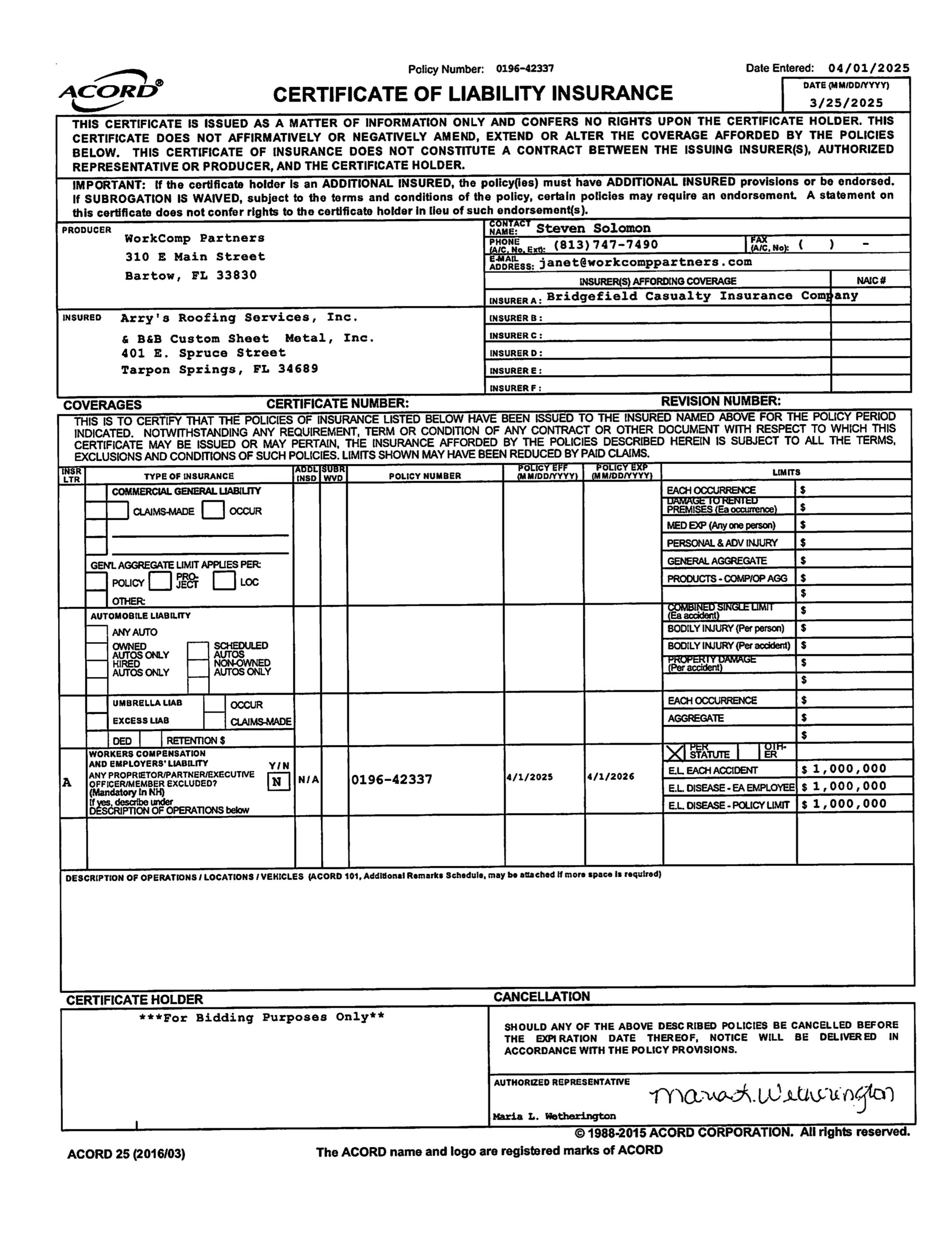 Arrys Roofing 25 26 Workers Comp COL